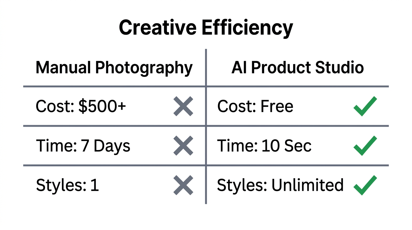 Efficiency comparison between manual product shoots and AI Product Studio.