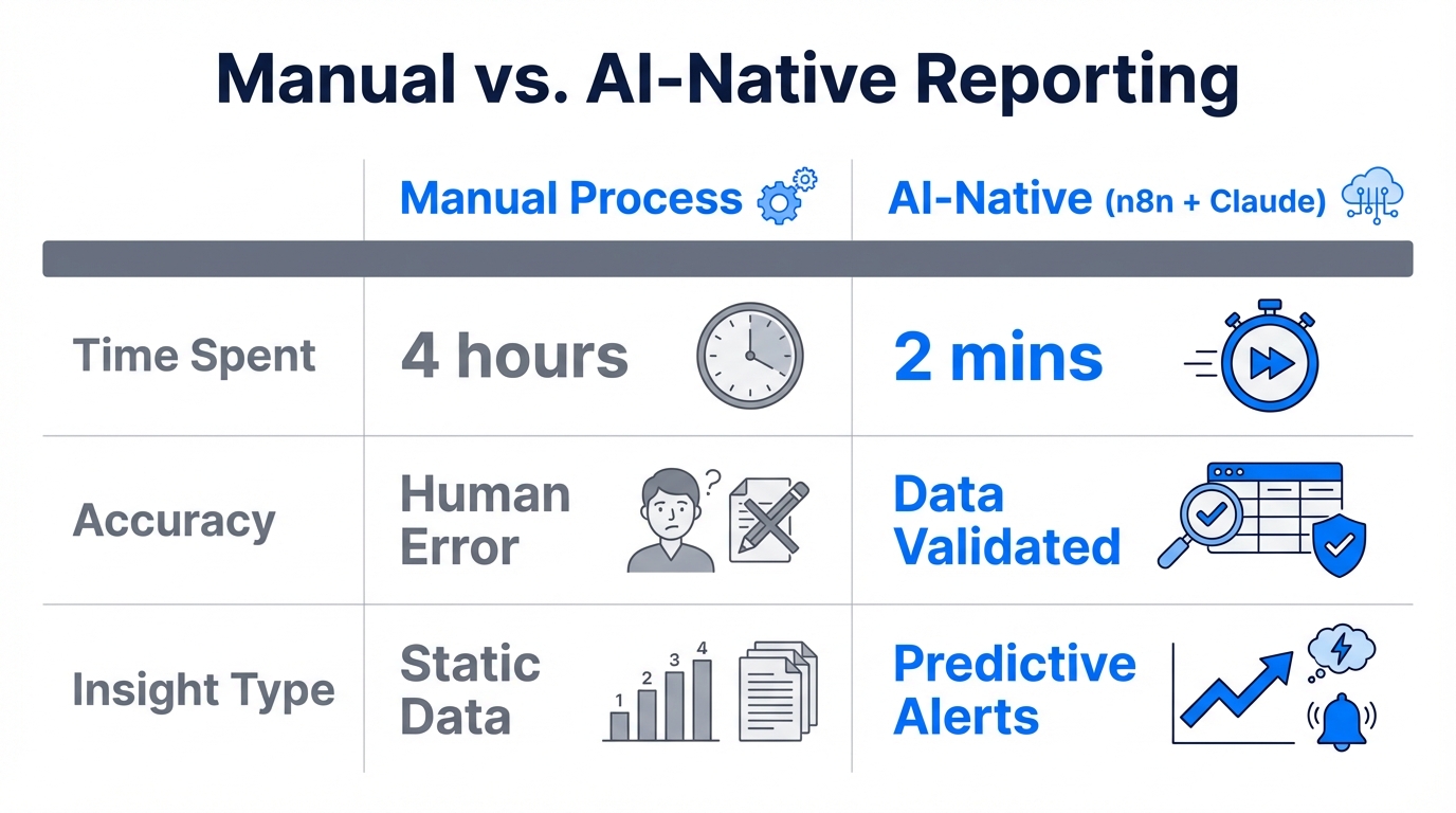 Efficiency comparison between manual reporting and AI-driven automation.
