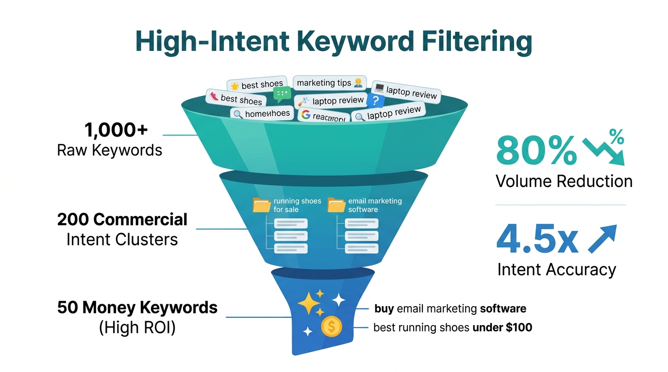 Filtering process to identify high-intent 'money' keywords from raw data.