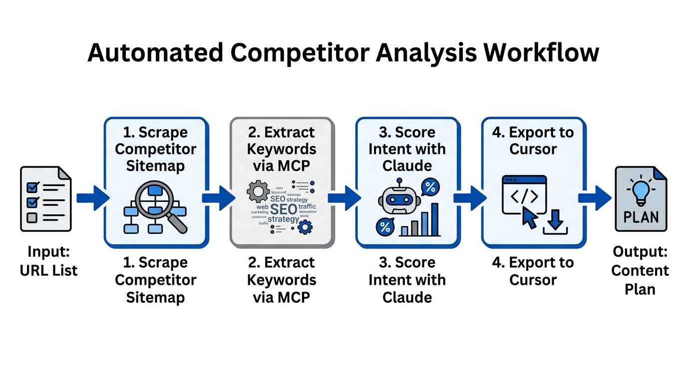 A step-by-step flowchart showing automated competitor keyword scraping and scoring.