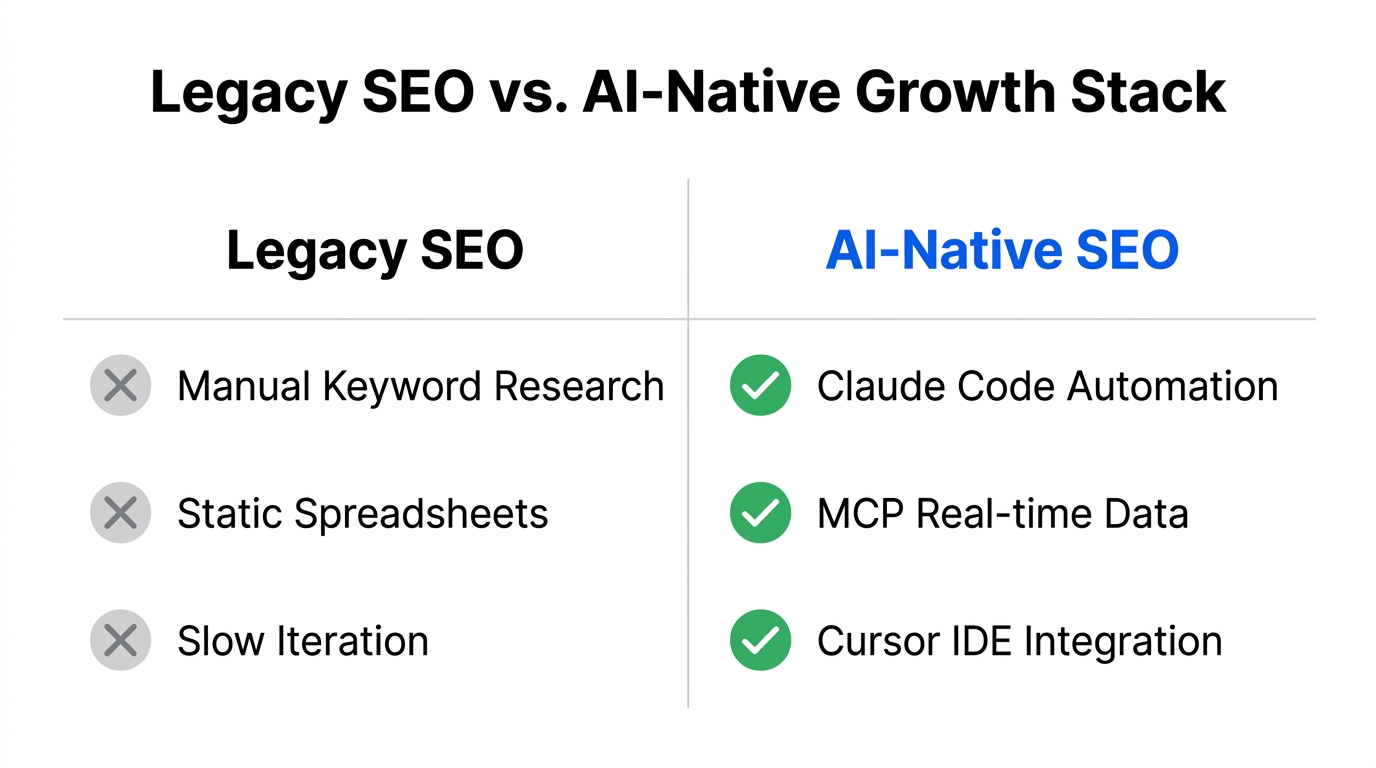 Comparison of traditional SEO workflows versus the modern AI-native growth stack.