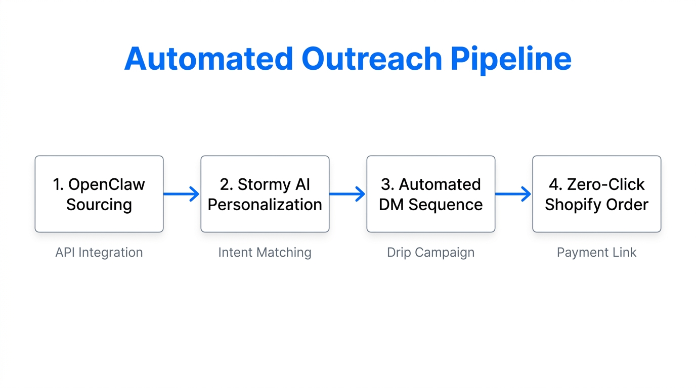 Step-by-step workflow of the Stormy AI automated outreach pipeline.