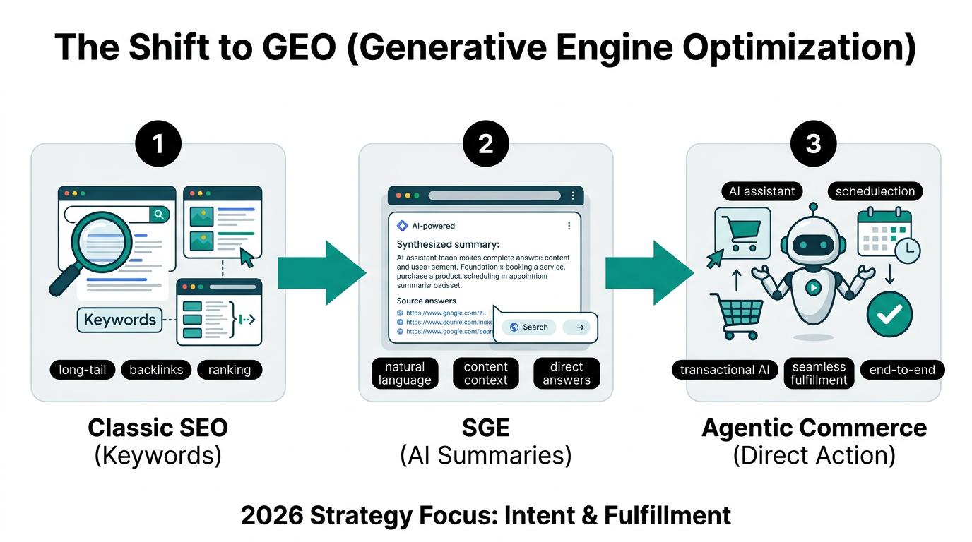 The evolution of search optimization from keywords to agentic fulfillment.