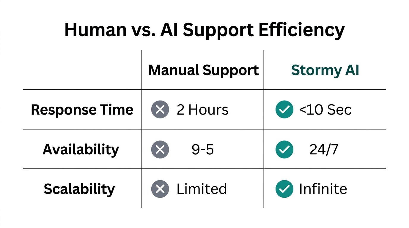 Efficiency comparison between manual human support and Stormy AI automation.