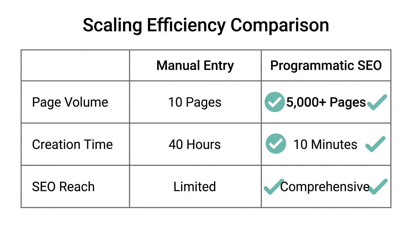 Efficiency comparison between traditional manual entry and modern programmatic SEO.