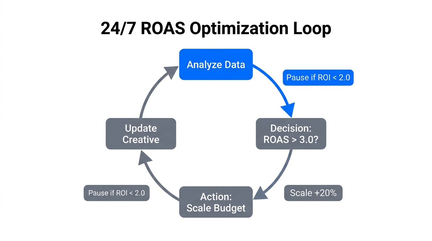 Continuous automated optimization loop for maintaining high ROAS.