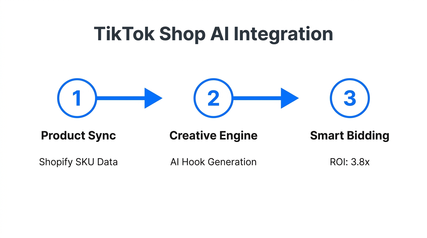 Three-step workflow for integrating Shopify products with TikTok Shop ads.