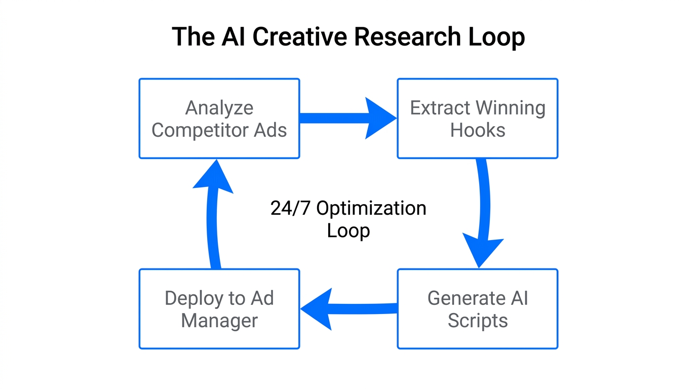 The continuous four-step AI research loop for ad creative.