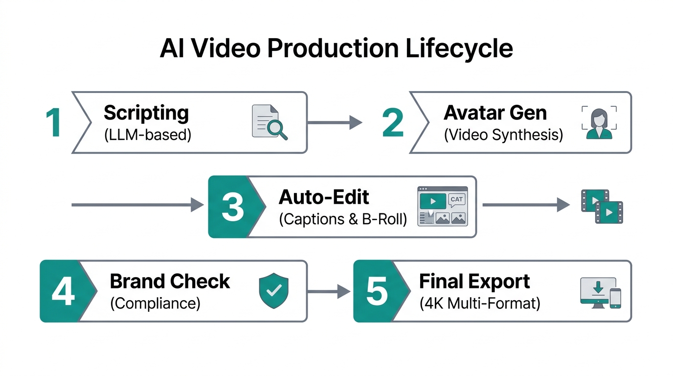 Five-step automated workflow for generating brand-compliant AI video content.