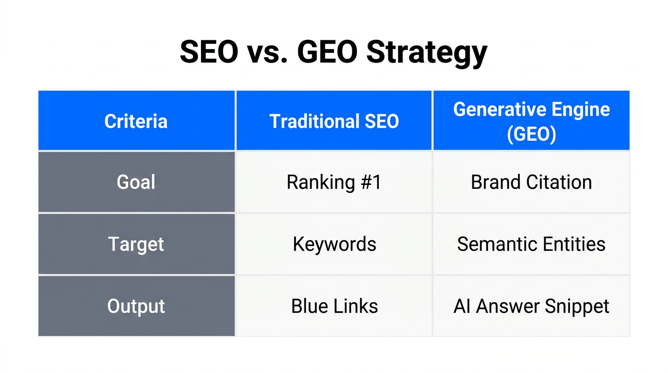 Comparison of traditional search optimization vs generative engine optimization strategies.