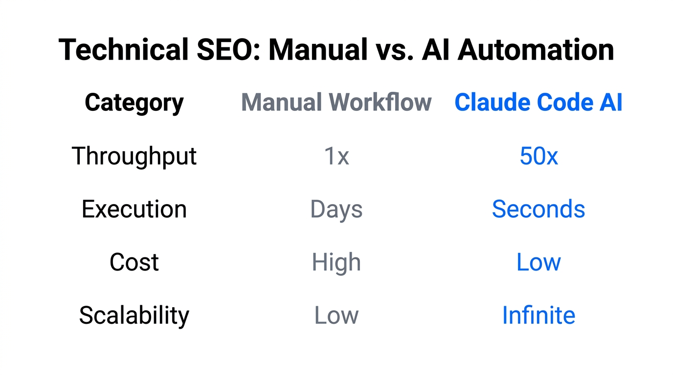 Comparison table of manual versus AI-driven technical SEO performance metrics.