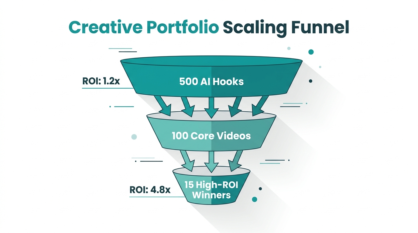 Funnel for scaling AI-generated creative assets into high-performance winners.