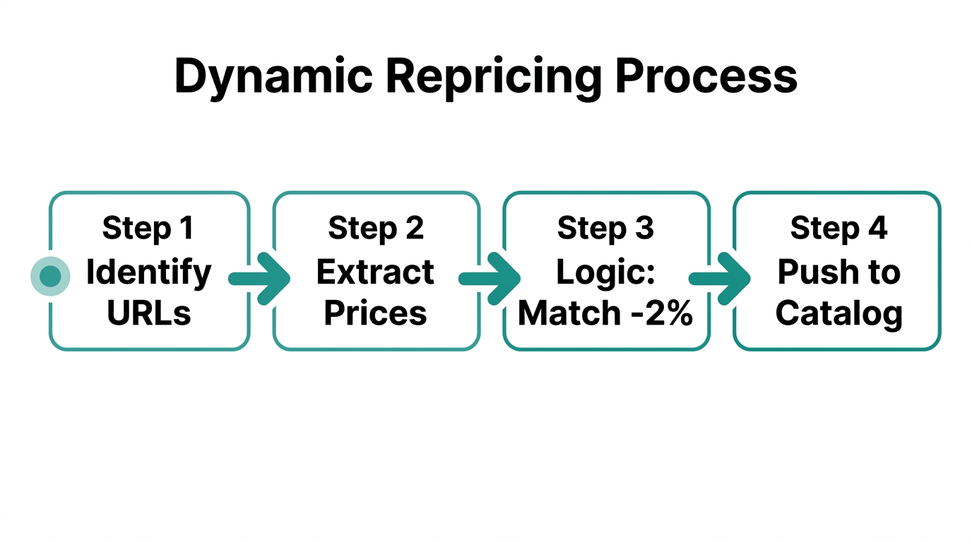 A four-step process for automated competitor price tracking and adjustments.