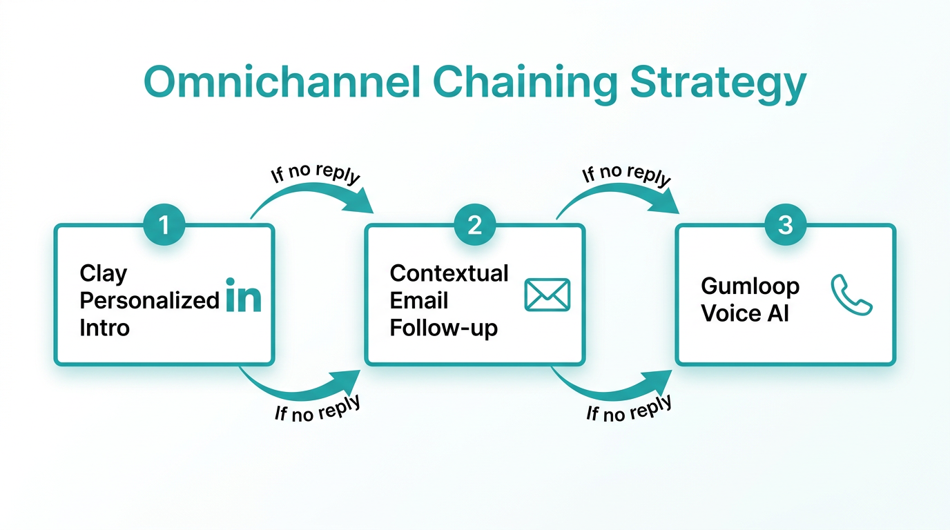 Multi-channel outreach sequence using Clay and Gumloop automation.