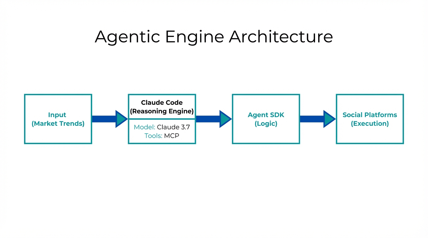 Technical workflow showing how Claude Code processes data into social actions.