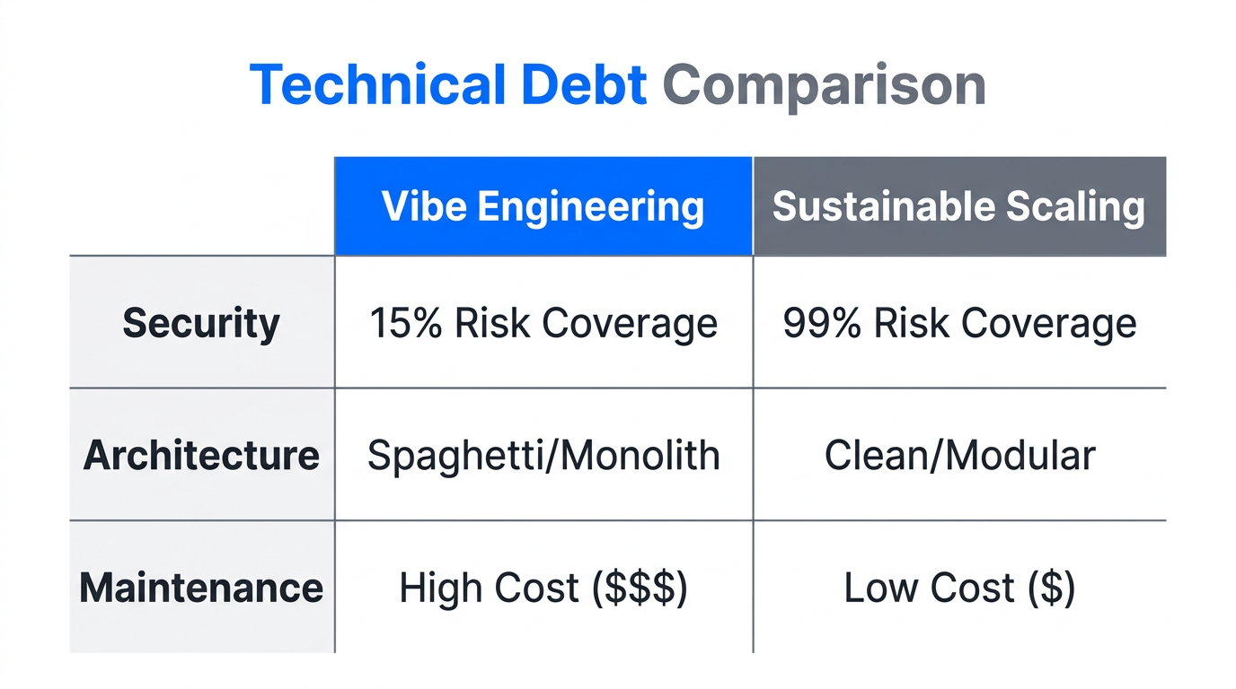 Comparison of high-risk vibe engineering versus sustainable AI scaling standards.