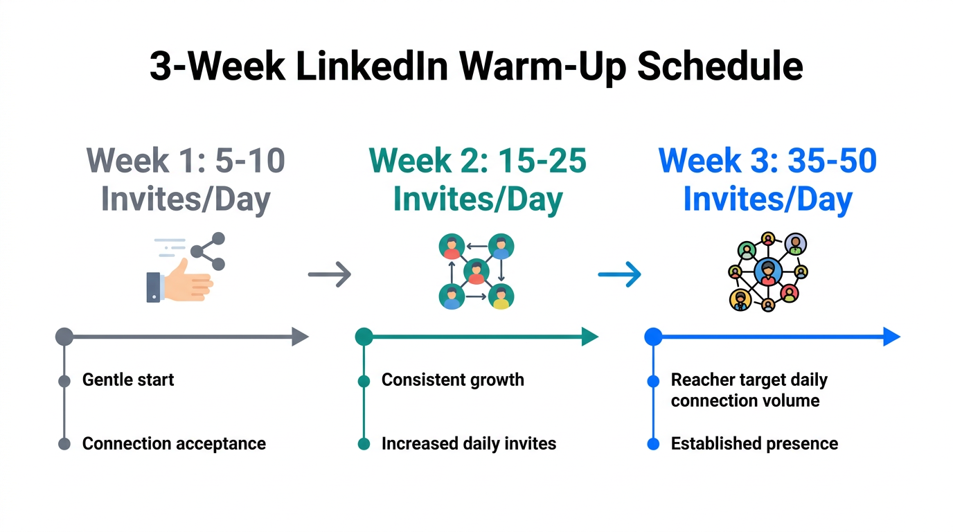 A 3-week timeline for safely increasing LinkedIn connection volume.