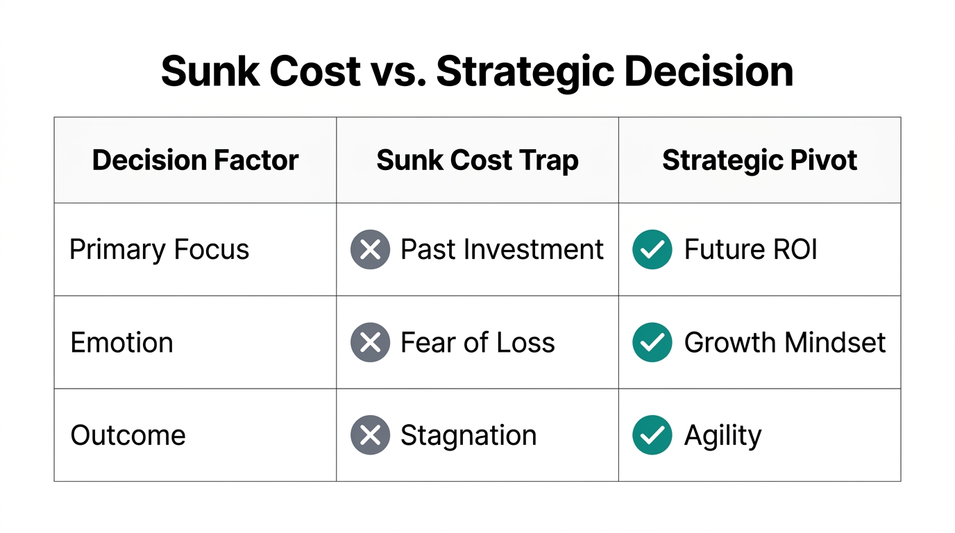 Comparing emotional sunk cost bias with rational strategic pivoting.