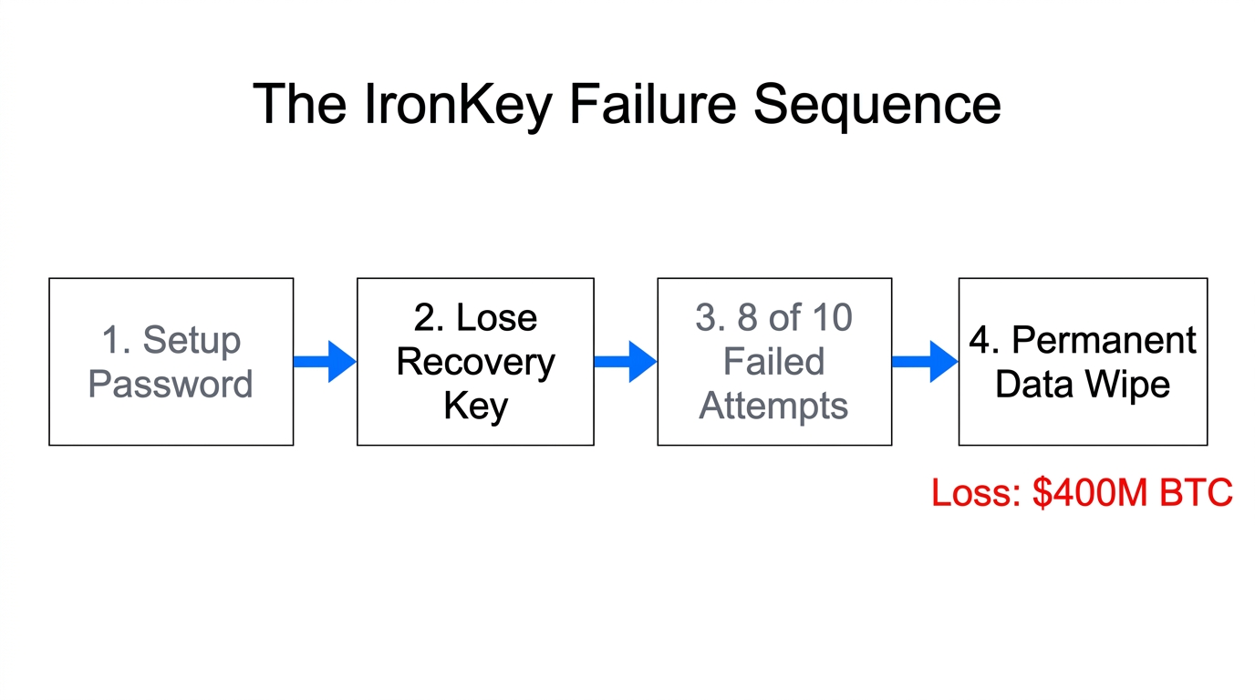 A step-by-step breakdown of the IronKey password failure sequence.
