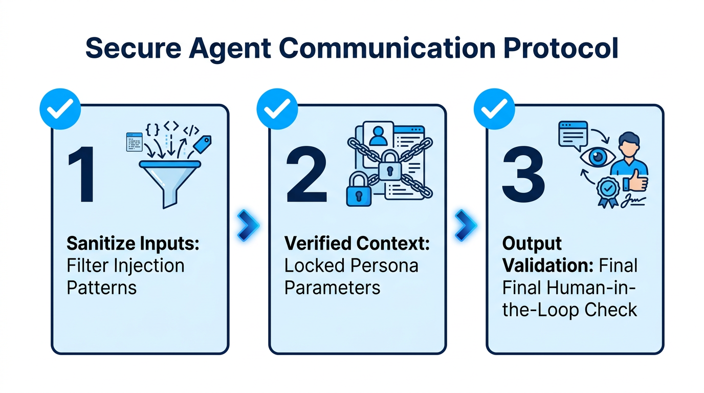 Three-step security protocol to prevent prompt injection in B2A systems.