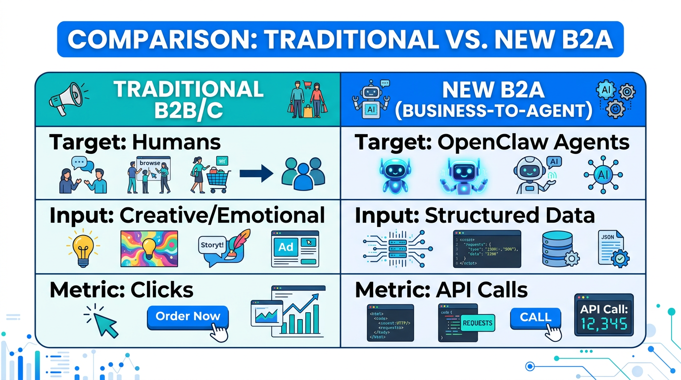 Comparison of traditional human-centric marketing versus B2A agent-centric strategies.