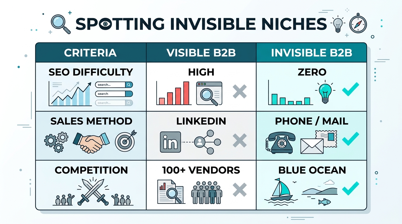 Comparison of traditional B2B markets versus invisible niche opportunities.
