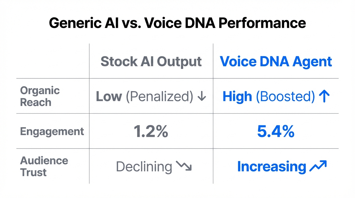 Comparison of performance metrics between generic AI and Voice DNA agents.