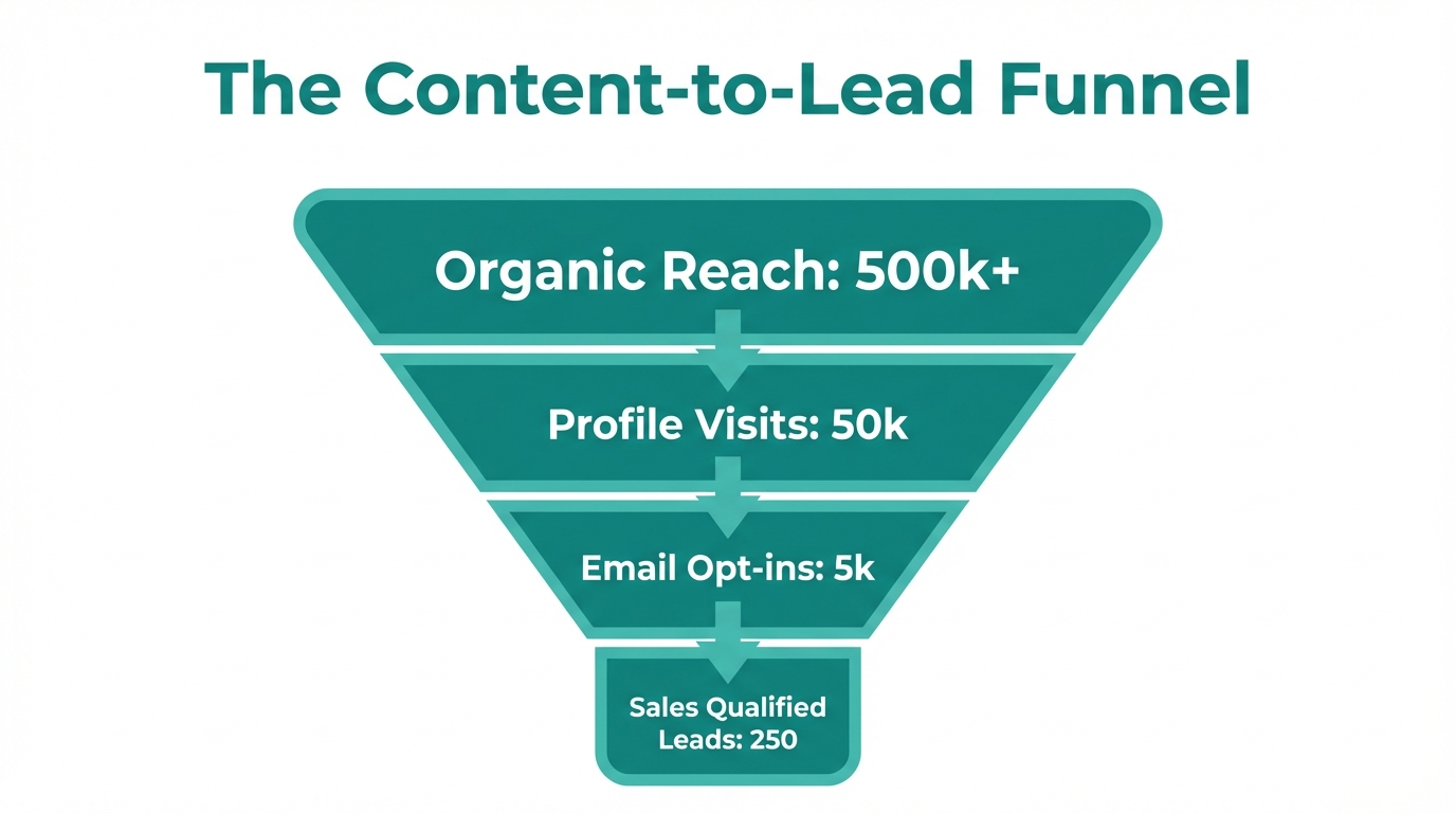A conversion funnel showing the path from reach to qualified leads.