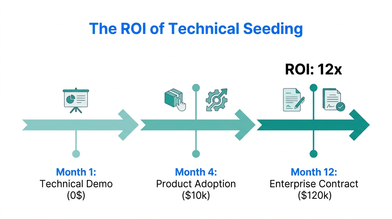 Timeline showing long-term revenue growth from initial technical demos.