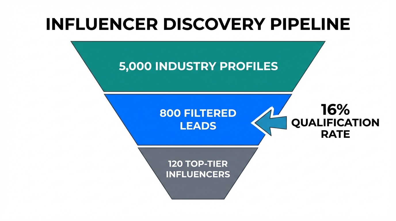 Efficiency funnel showing the scale of automated influencer discovery.