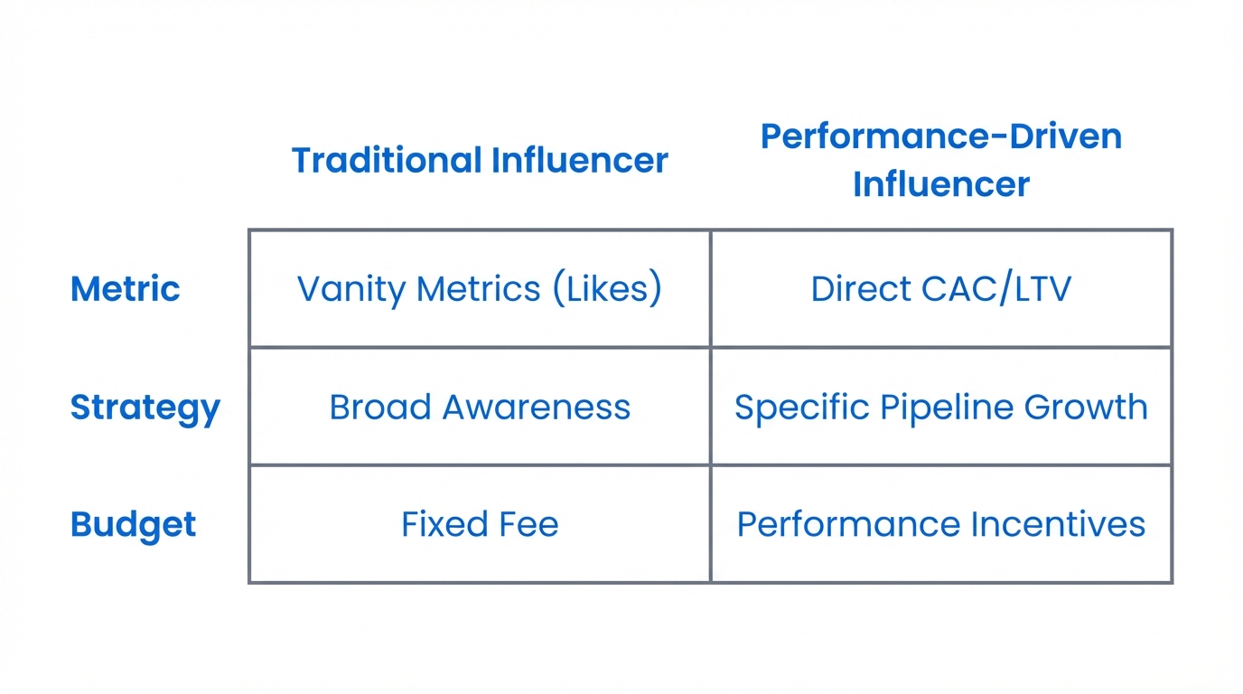 Comparison between traditional awareness metrics and modern performance-driven SaaS influence.