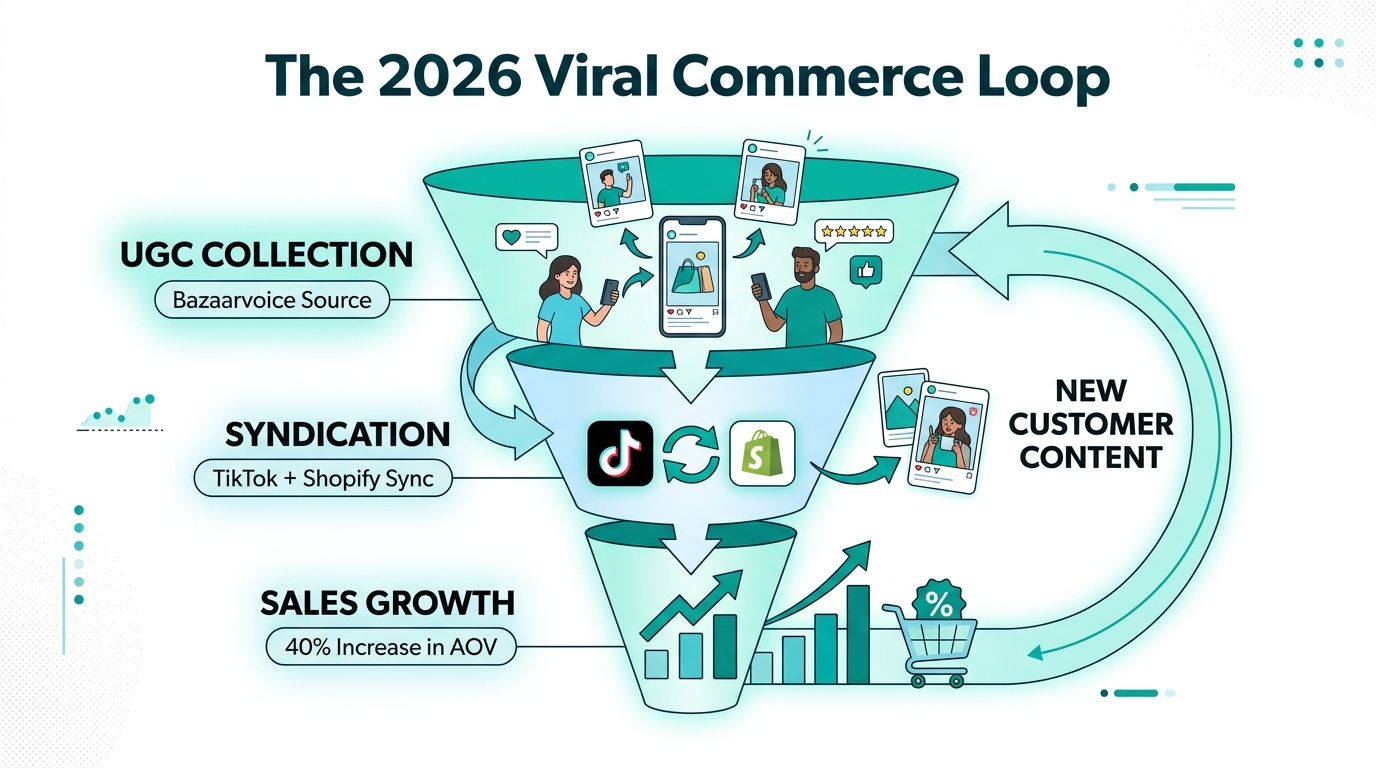 A funnel diagram illustrating the automated social commerce flywheel.
