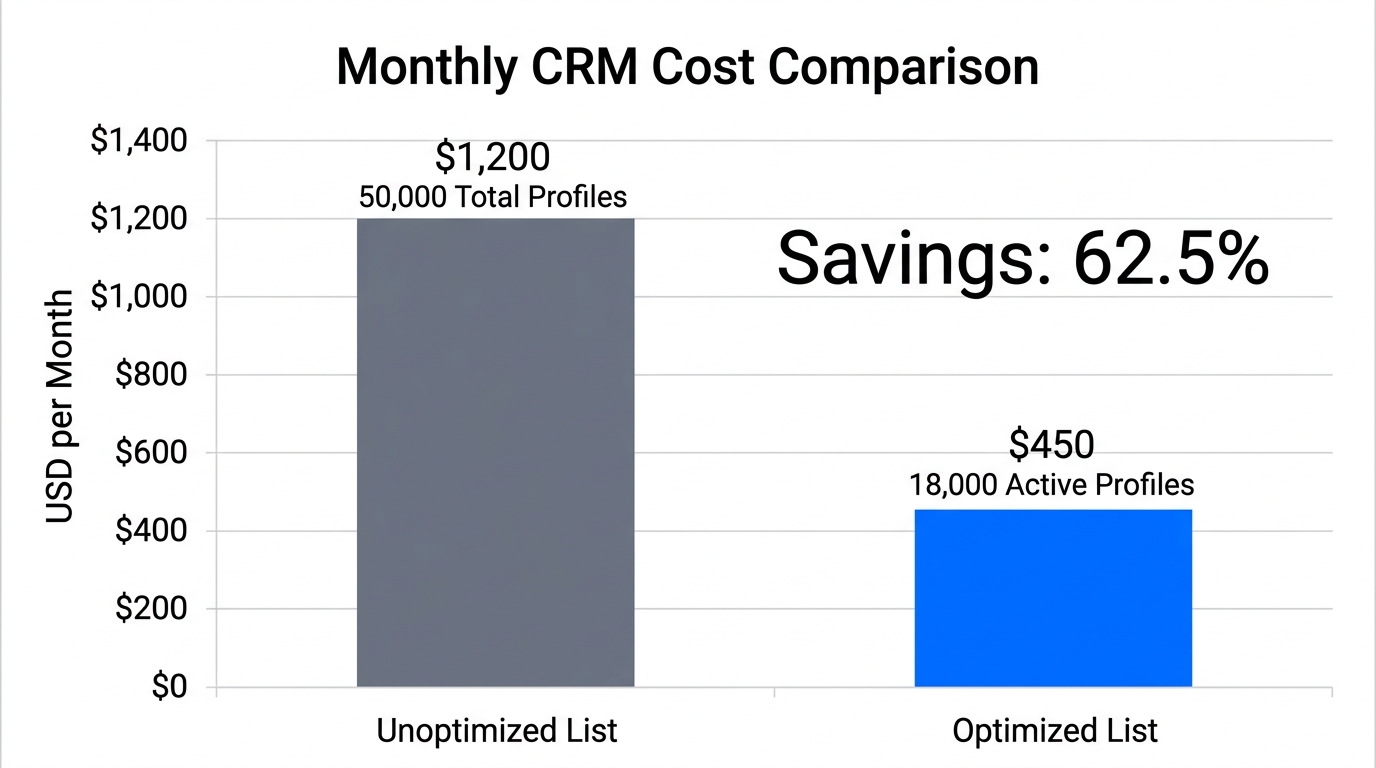 Comparison of monthly Klaviyo costs before and after list optimization.
