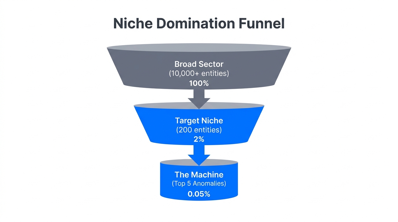 Funnel showing the 'Inch-Wide, Mile-Deep' strategy for finding opportunities.
