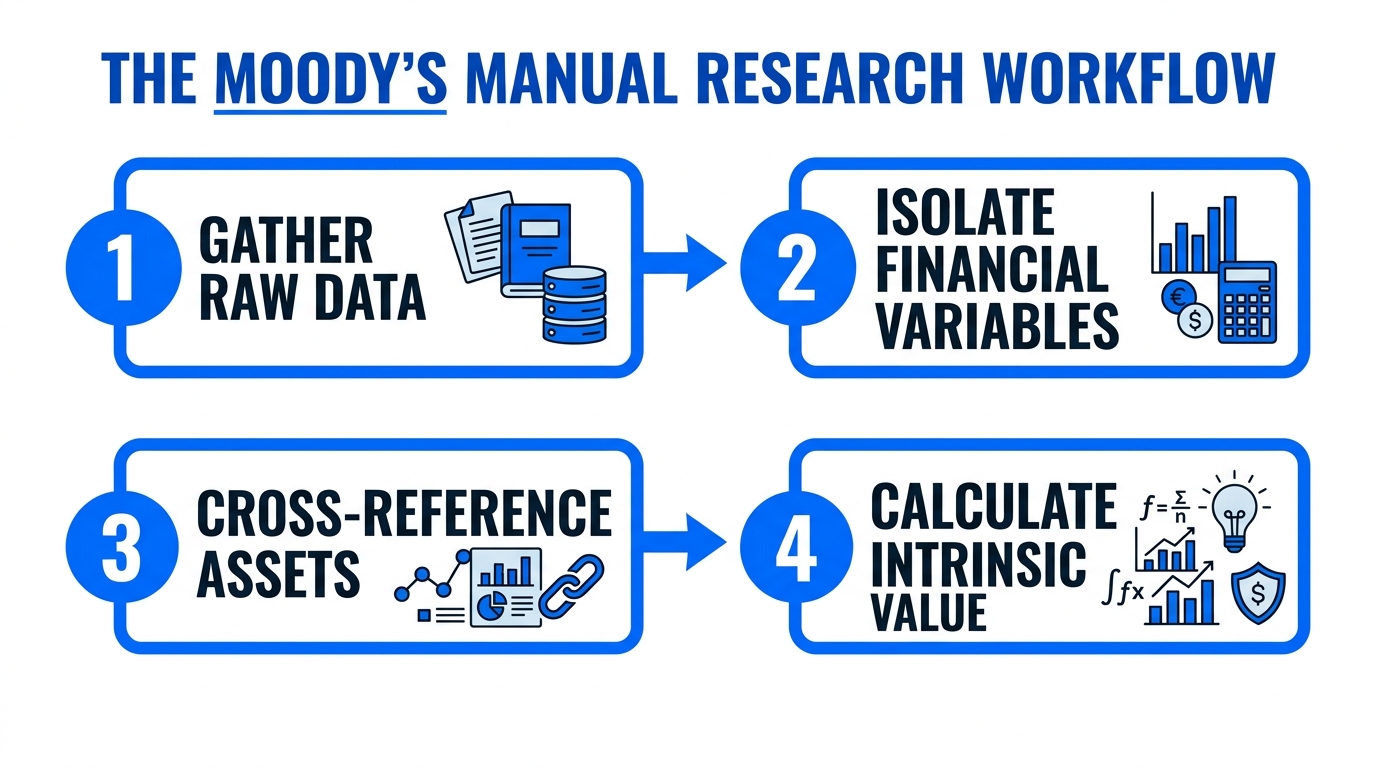 Step-by-step workflow for the Moody’s Manual research method.