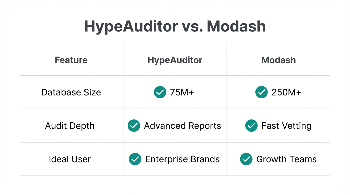 Comparison of database size and features between HypeAuditor and Modash.