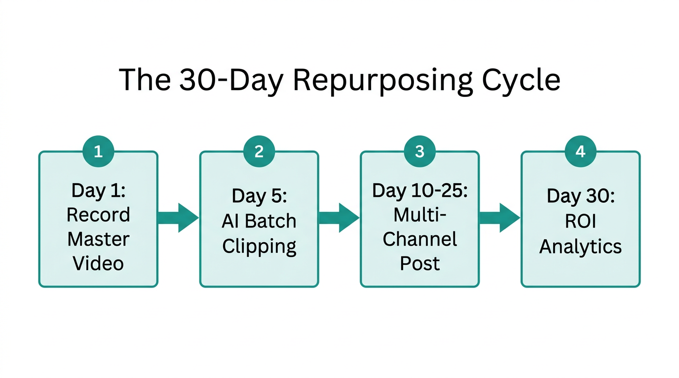 A step-by-step 30-day workflow for high-volume content repurposing.
