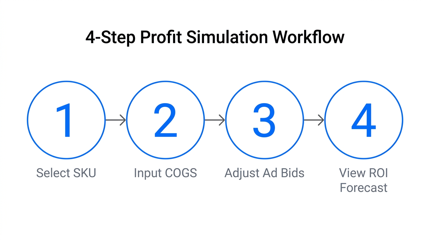 The four-step process for running profit simulations in Stackline Advisor.