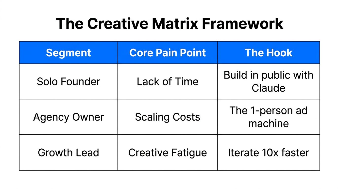 A sample Creative Matrix for mapping audience segments to ad hooks.