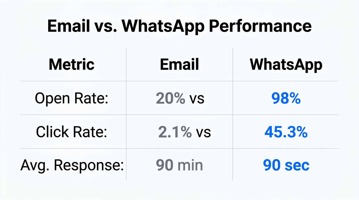 Comparison of engagement metrics between traditional email and conversational WhatsApp recovery.