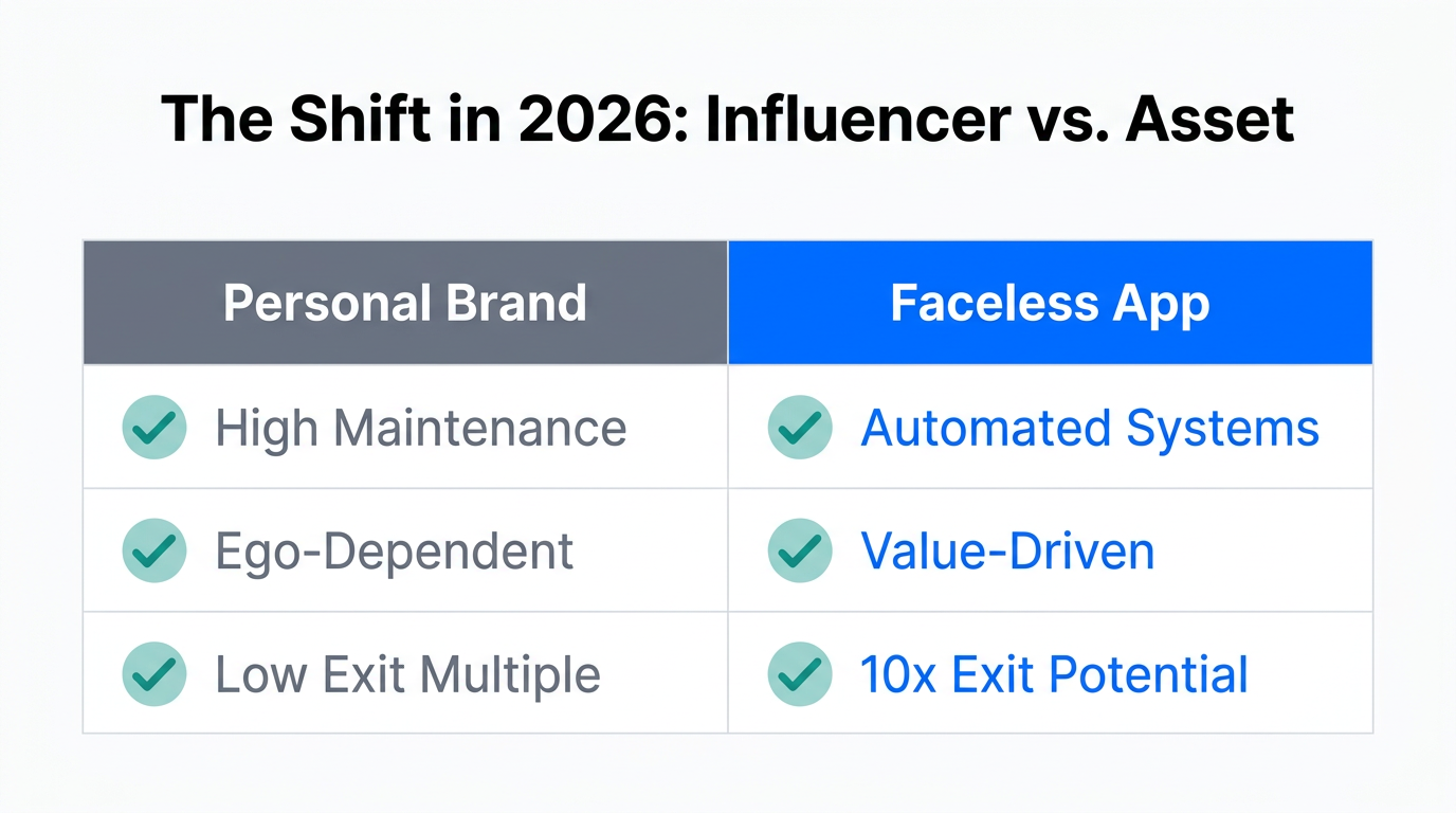 Comparison between high-maintenance personal brands and scalable faceless assets.