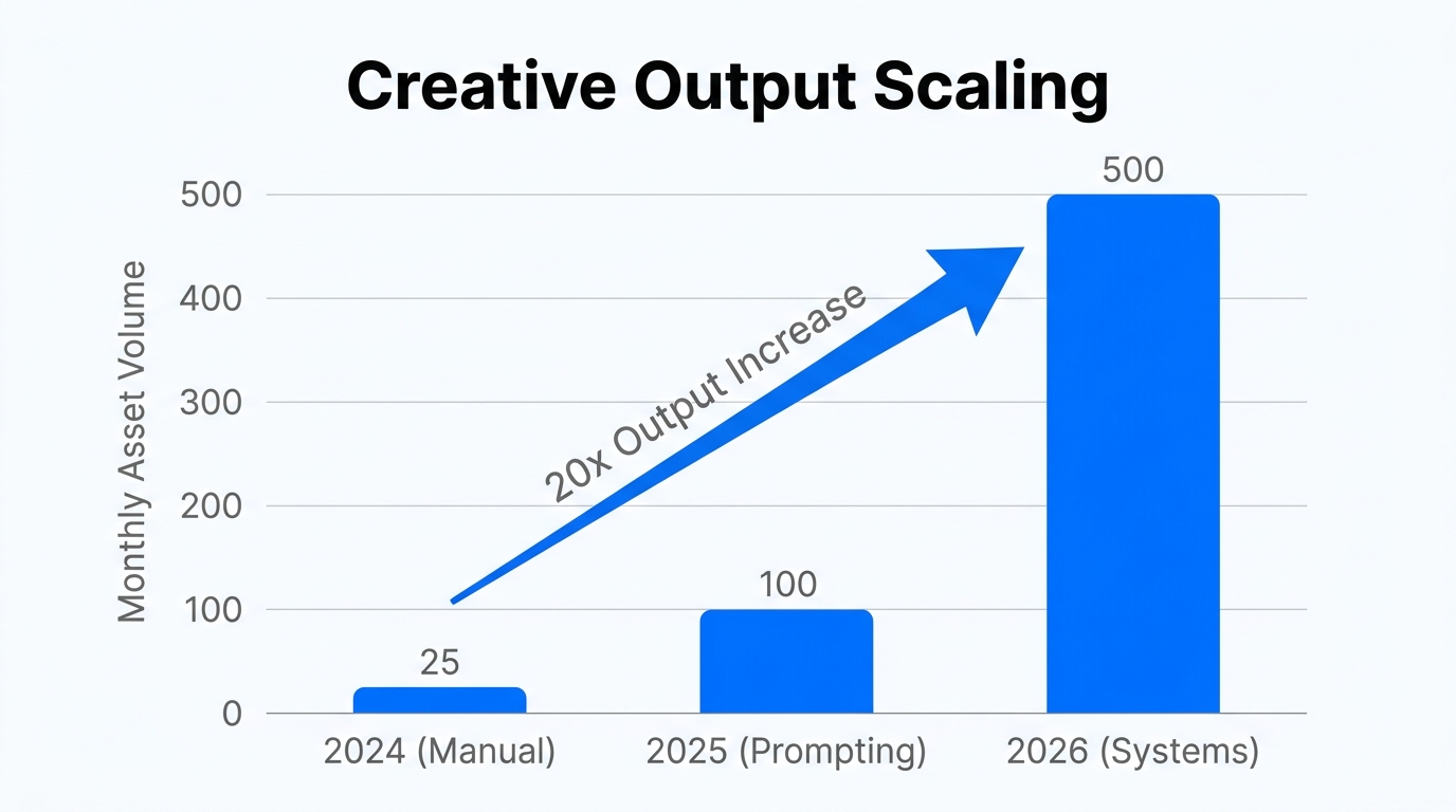 Exponential growth in creative production volume via AI brand systems.