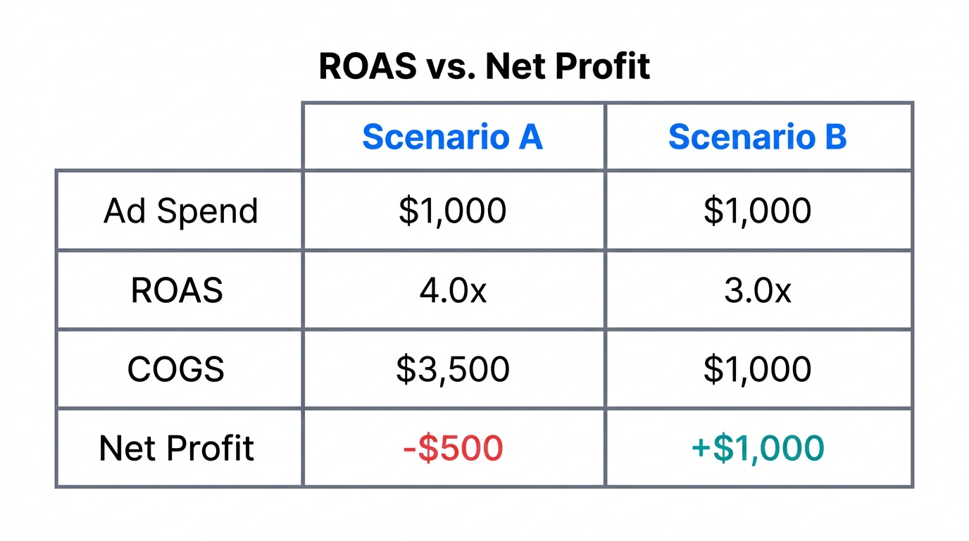 Comparison showing how high ROAS can lead to negative profit.