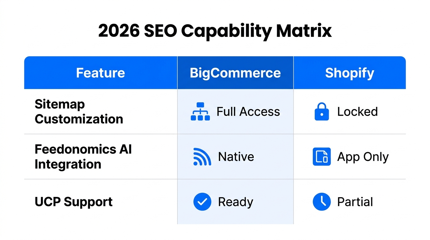 Feature-by-feature comparison of BigCommerce and Shopify for 2026 SEO.