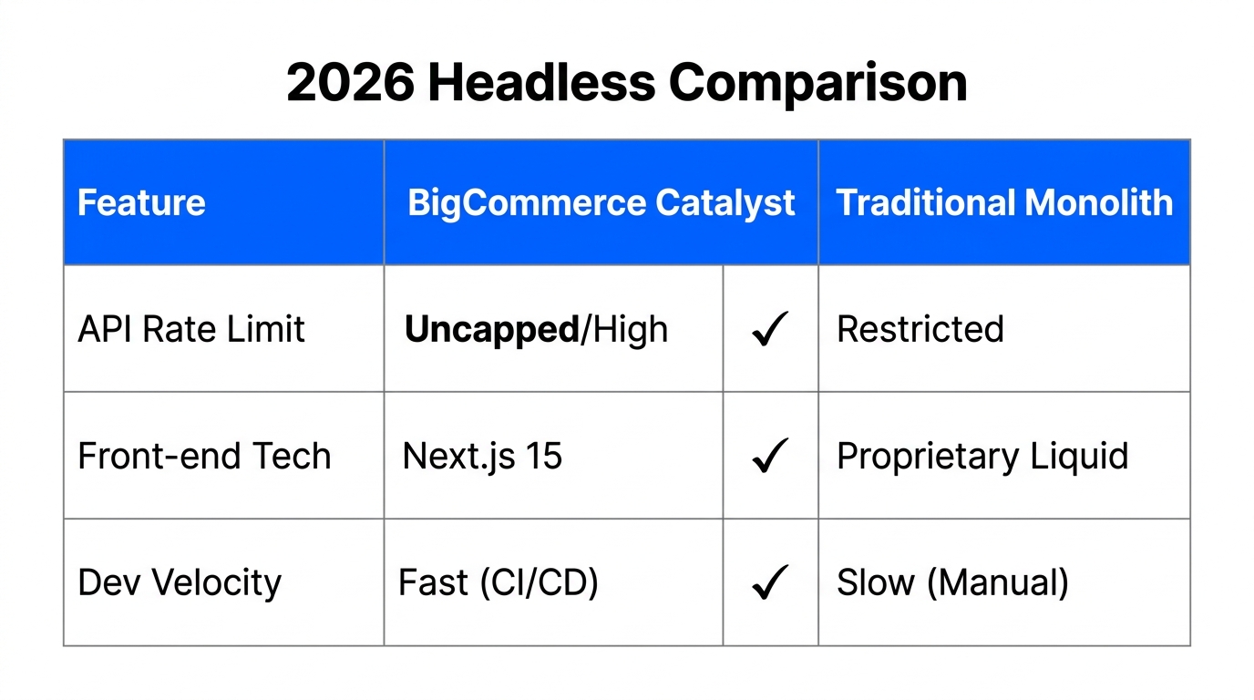 Comparison of BigCommerce Catalyst versus traditional monolithic ecommerce platforms.