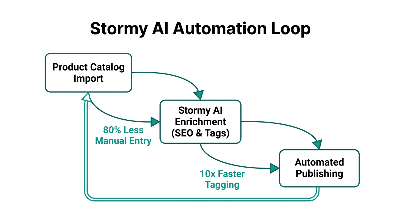 The workflow for automating product metadata using Stormy AI.