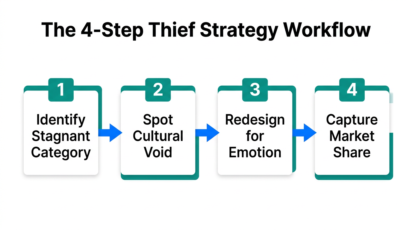 The four-step process for executing a category thief strategy.