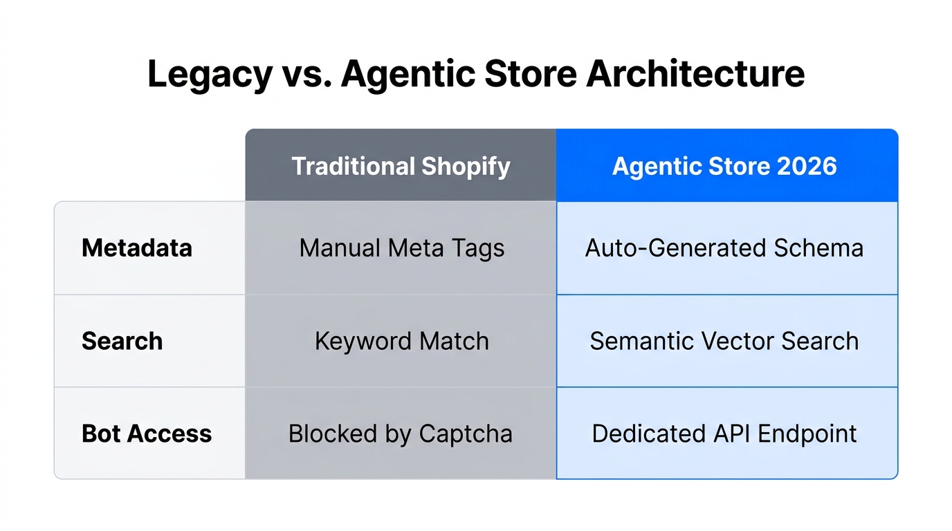 Key differences between standard Shopify stores and agent-ready infrastructures.
