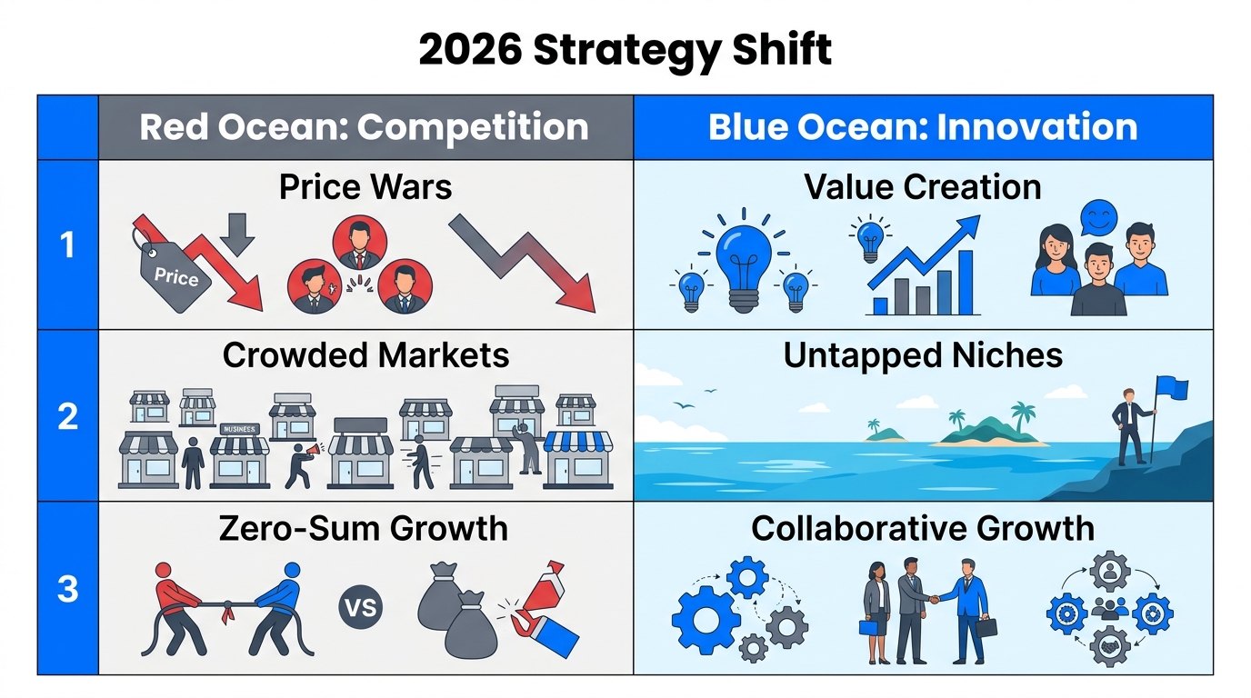 Direct comparison between Red Ocean and Blue Ocean strategies.