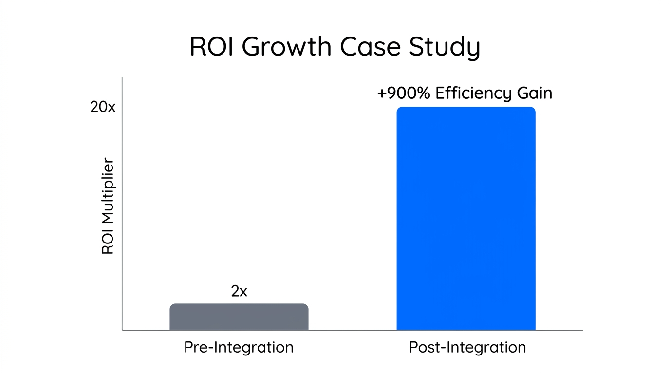 Case study data showing ROI increase from 2x to 20x.